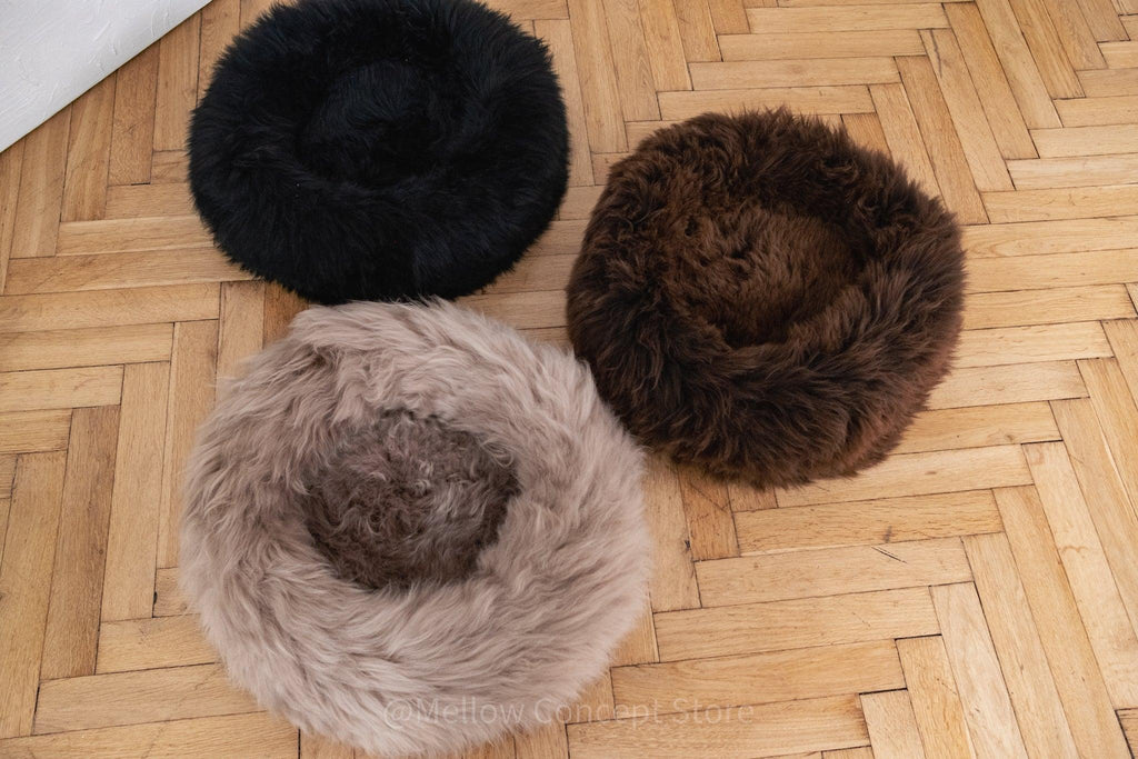 Round Natural Sheepskin Pet Bed - Greige