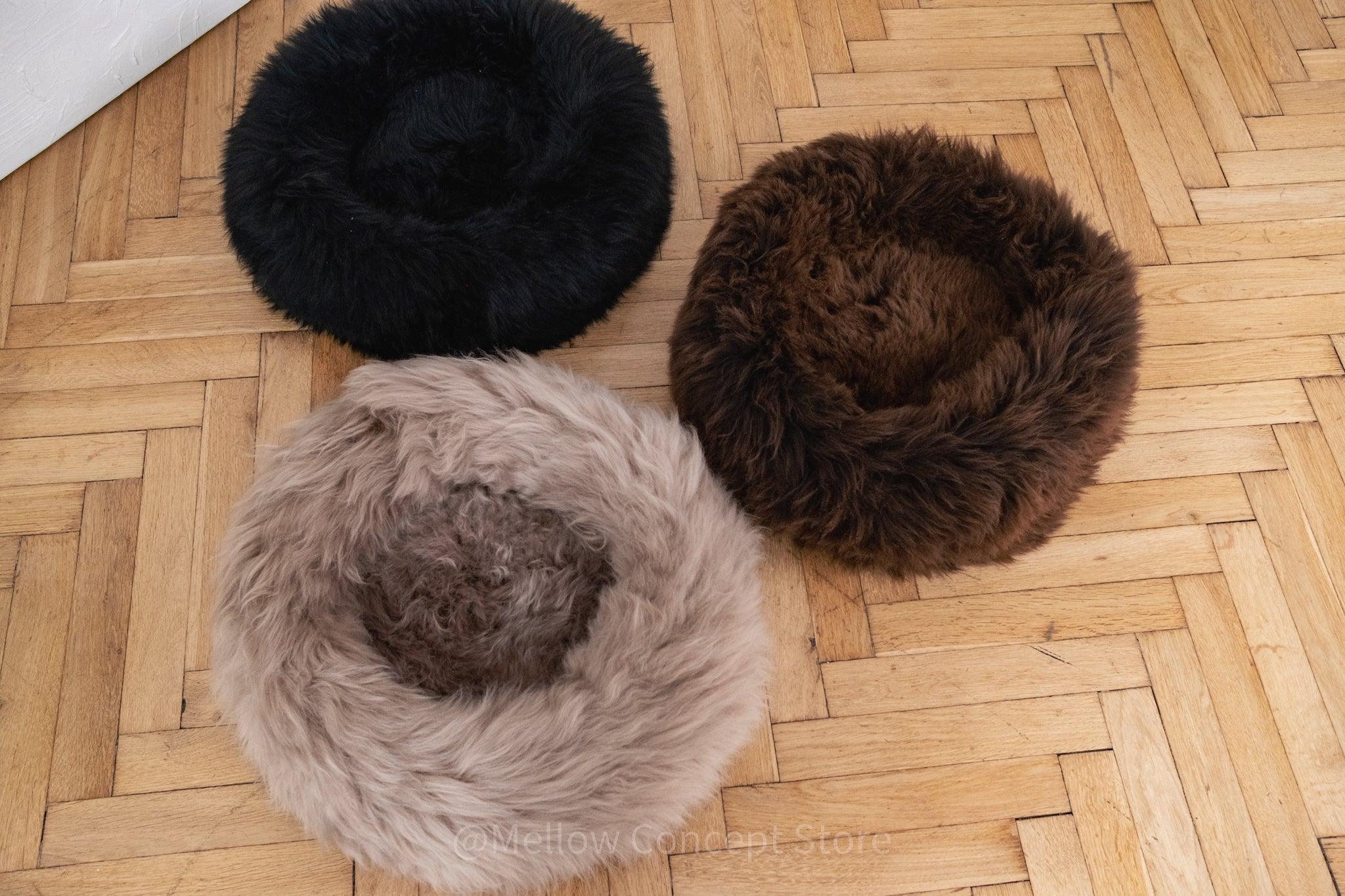 Round Natural Sheepskin Pet Bed - Greige