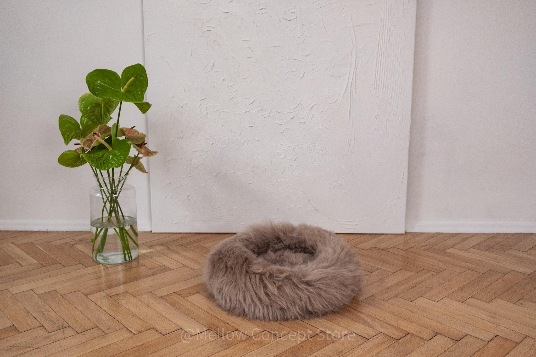 Round Natural Sheepskin Pet Bed - Greige