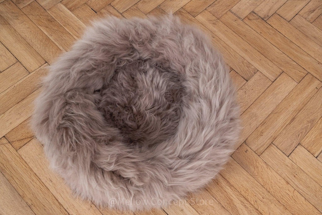 Round Natural Sheepskin Pet Bed - Greige