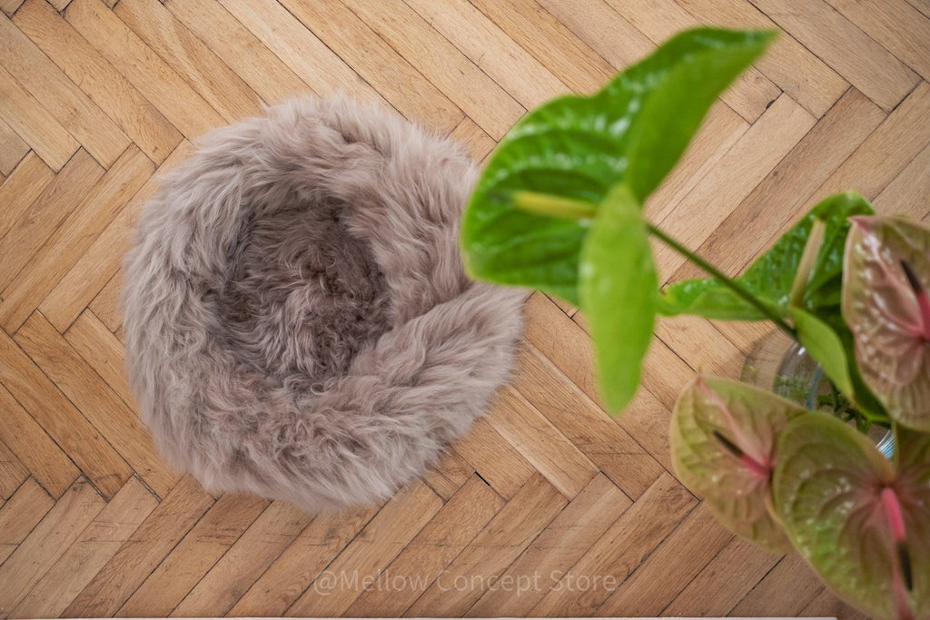 Round Natural Sheepskin Pet Bed - Greige