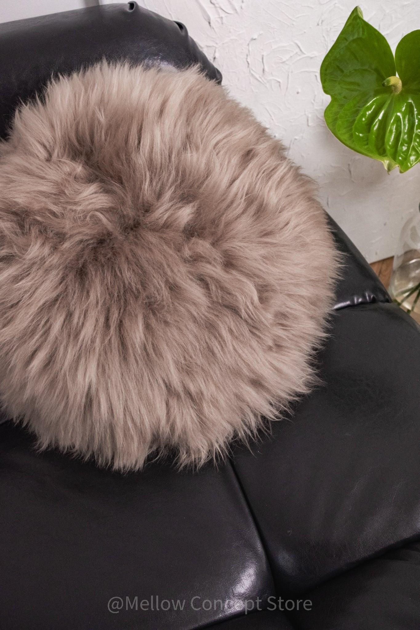 Round Natural Sheepskin Pillow - Greige